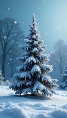 Fototapeta premium A frosted Christmas tree stands alone in a snowy landscape, a stark, beautiful scene of winter solitude The cold air hangs heavy, emphasizing the quiet serenity of the holiday , glacial, nature, snow