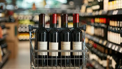 A shopper fills a cart with bottles of red wine while exploring the vibrant beverage section of a store
