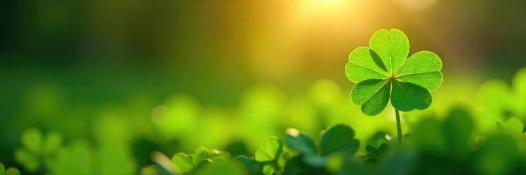 A four-leaf clover basks in sunlight, symbolizing unexpected fortune and serendipitous blessings, a divine gift of good luck , positive, prosperity, green