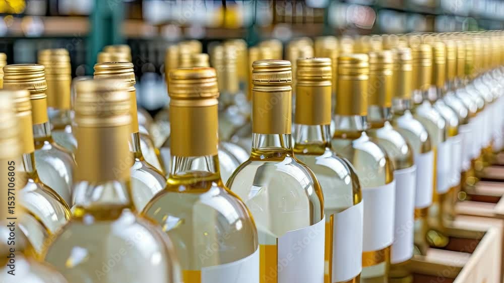 Poster observe the meticulous process of bottling white wine as rows of golden bottles are filled and prepa