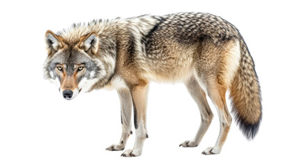 Fototapeta premium Beautiful isolated image of a wild wolf standing on the sport on white background 