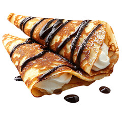 Crepes filled with cream and drizzled with chocolate sauce isolated on a clean and clear White background.