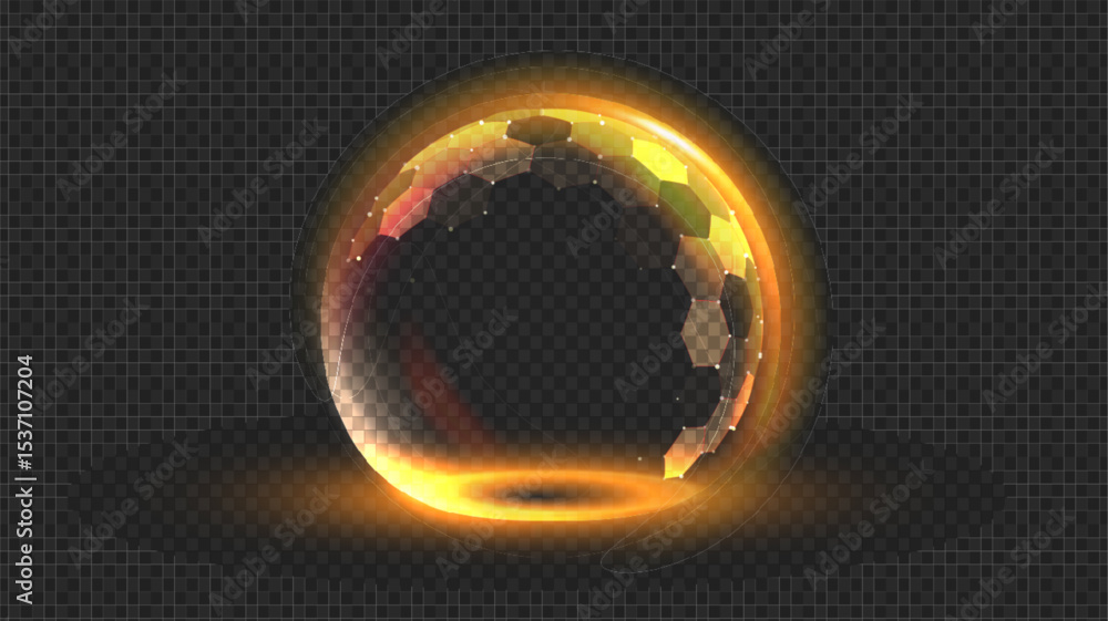 Poster gold shield with 3d sphere and hexagon pattern for protection. tech background with glowing energy b