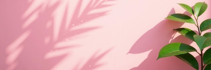 Soft pink wall, delicate leaf shadows, summer vibe, abstract design, summer texture