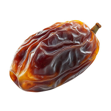 Date fruit with a glossy, wrinkled skin and rich brown color, isolated on a clean and clear White background.