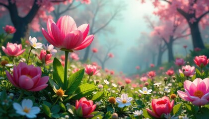 Fototapeta premium A whimsical scene of blossoming flowers erupting from a bed, creating a surreal and vibrant garden dreamscape Perfect for spring, fantasy, or nature themes , leaves, blossom, natural beauty