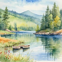 Nestled within a vibrant taiga, a serene lake reflects the lush greenery surrounding it, while distant mountains rise majestically under a clear sky Generative AI