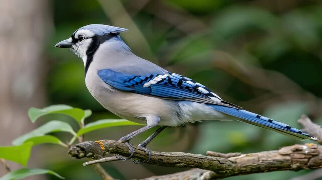 A striking blue jay sits on a branch, displaying its vivid colors against a lush green background on a bright day