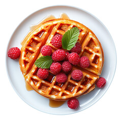Delicious waffle breakfast with fresh raspberries and maple syrup on a white plate isolated on a clean and clear White background