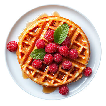 Delicious waffle breakfast with fresh raspberries and maple syrup on a white plate isolated on a clean and clear White background