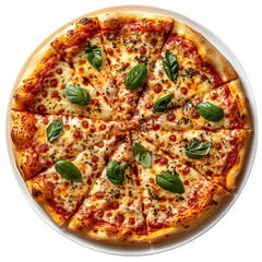 Delicious cheesy Italian pizza on a plate,isolated on a clean and clear White background