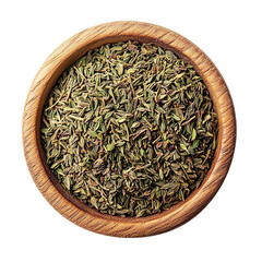 Dried thyme fills a wooden bowl viewed from above isolated on a clean and clear White background.