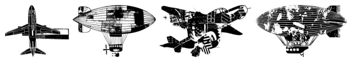 Vector Vintage aircraft and airships collection in monochrome vector style.