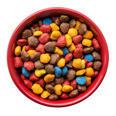 Dry colorful dog food in red porcelain bowl isolated on a clean and clear White background.