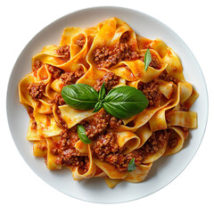 eye-level centered view photograph of a plate of pappardelle pasta with bolognesesauce and basil on it against a green isolated on a clean and clear White background.