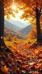 Fototapeta premium Crisp autumn air, golden leaves falling on a vibrant, colorful landscape, perfect for a Thanksgiving feast outdoors Enjoy the scenic beauty of the season , clouds, thanksgiving, serene