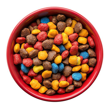 Dry colorful dog food in red porcelain bowl isolated on a clean and clear White background.