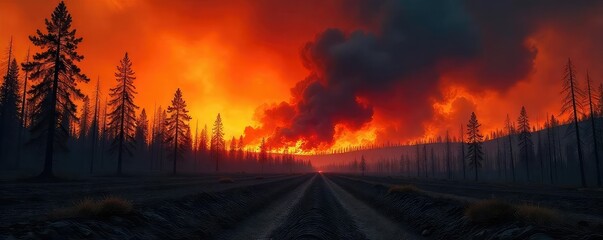 Obraz premium Fiery orange and black smoke billows from a vast wildfire raging through a dry, desolate forest, trees reduced to ash and embers glowing in the darkness , blaze, hazard, dead trees