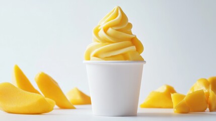 Mango-flavored soft serve ice cream in a cup, surrounded by fresh mango slices