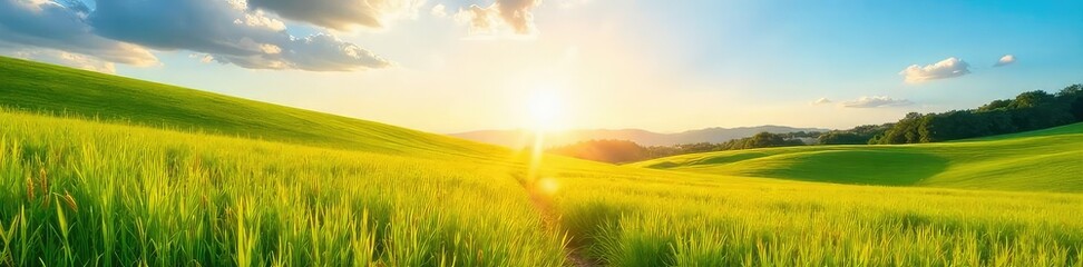 Golden sunlight bathes a vibrant summer landscape, illuminating lush green fields and a clear blue sky Perfect for travel, vacation, and summer-themed projects , green, scenic, field