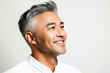 Obraz premium Pure white solid background. Pattern of style for aging men. A modern hairstyle complementing a stylish gentleman. Elegant men's undercut haircut - midlife southeast asian man with middle hair.