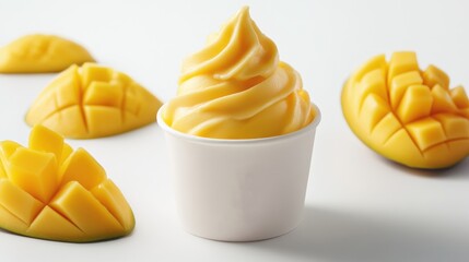 Mango-flavored soft serve ice cream in a cup, surrounded by fresh mango pieces
