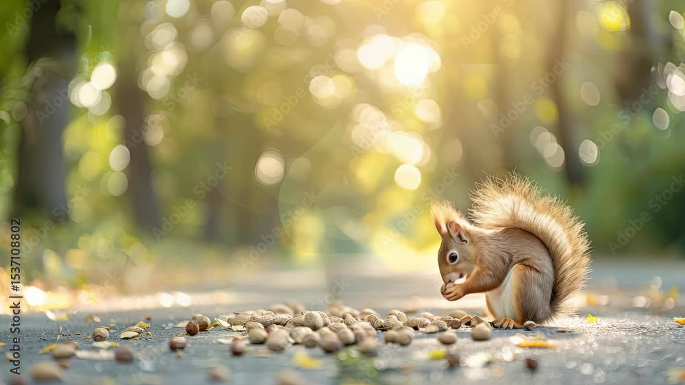 Poster a curious squirrel forages for acorns, surrounded by lush trees and soft sunlight filtering through 