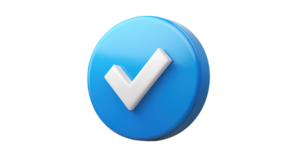 Blue button with white check 3d render icon isolated on white background 