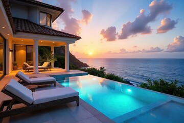 Fototapeta premium Luxury villa with private pool overlooking stunning ocean views, perfect for a relaxing getaway Enjoy breathtaking sunsets and tranquil surroundings , house, bali, travel