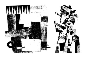 Vector Abstract geometric figures depict a dynamic composition with angular shapes and textured .