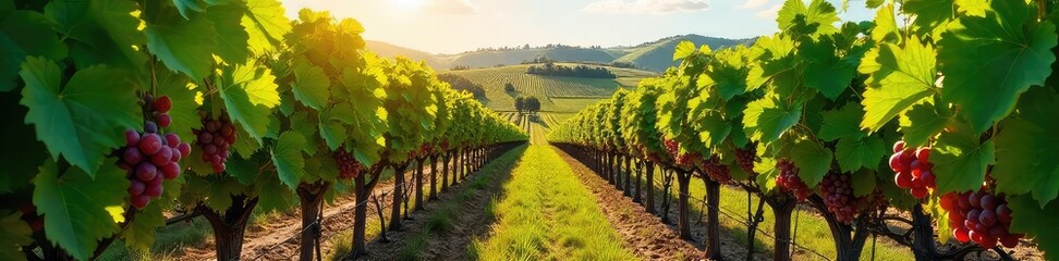 Fototapeta premium Rows of lush grapevines stretching across a sunny vineyard, ripe grapes hanging heavy on the vines, ready for harvest A picturesque scene of rolling hills and abundant growth , winemaking, fresh