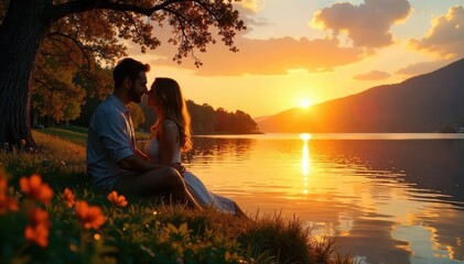 Romantic lakeside scene at sunset, serene water reflecting golden light, idyllic couple's getaway, tranquil atmosphere, perfect for travel, vacation, or love themed projects , love, stunning