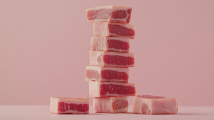 Bar chart columns made of stacked pork slabs, symbolising rising value, set against a neutral background with financial annotations 