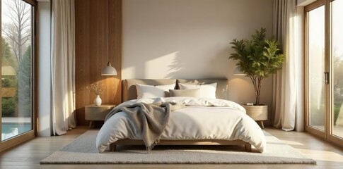 Serene and minimalist bedroom design featuring a plush bed, soft lighting, and natural textures Perfect for relaxation and peaceful sleep , ambiance, plush