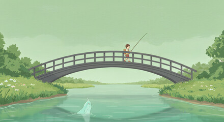 Young Boy Fishing on a Wooden Bridge Over a Calm River, Idyllic Summer Scene Illustration