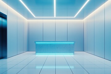 Fototapeta premium Modern, minimalist reception area with cool blue accents