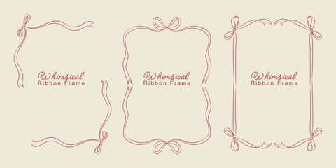 Vintage bows frames for greeting cards, wedding and birthday party, picnic invitations in cute elegant coquette style. Hand drawn ribbons border illustration for social media decoration template.