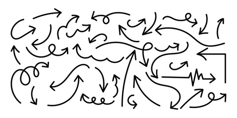 Set of simple lines hand drawn black arrows in various style. Set of simple of hand drawn black arrows. Set of simple lines hand drawn black arrows. Various of simple lines arrows collection