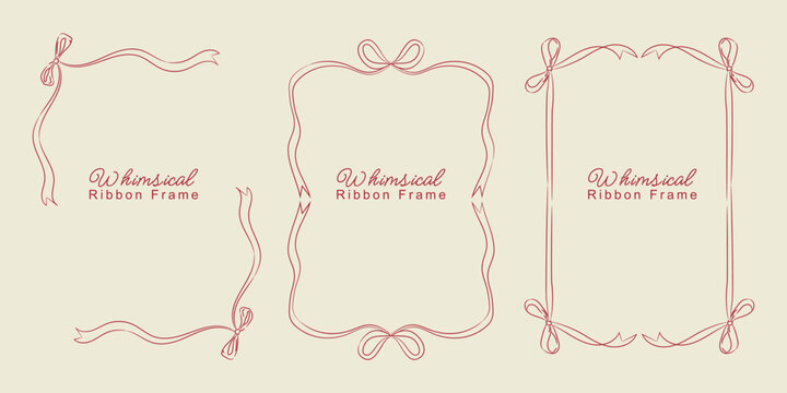 Vintage bows frames for greeting cards, wedding and birthday party, picnic invitations in cute elegant coquette style. Hand drawn ribbons border illustration for social media decoration template. - Powered by Adobe