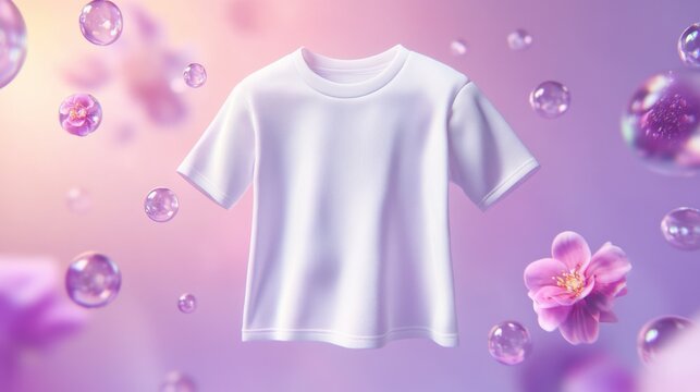 White T-Shirt Floating Amidst Bubbles and Flowers
