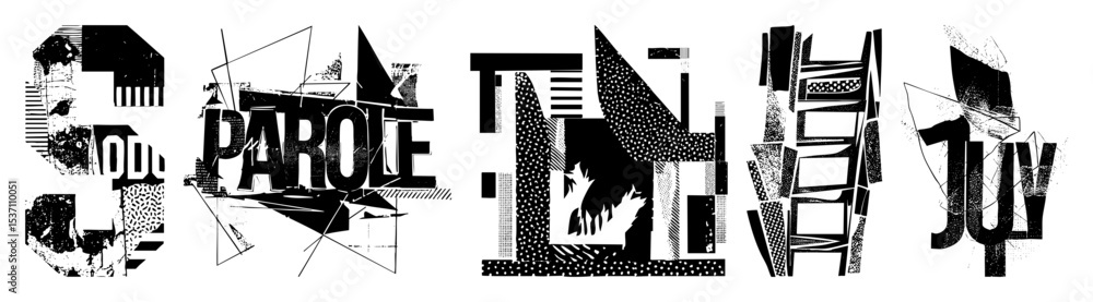 Poster vector abstract typographic features bold fragmented letters and geometric shapes.