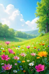 Fototapeta premium Vibrant wildflowers blooming in a lush meadow under a bright spring sky, symbolizing rebirth and renewal in nature , sunlight, wildflower meadow, tranquility