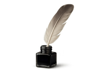 Vintage feather quill pen resting near black inkwell, symbolizing traditional writing craft against transparent backdrop
