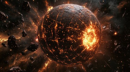 A fiery celestial sphere surrounded by asteroids in a cosmic setting