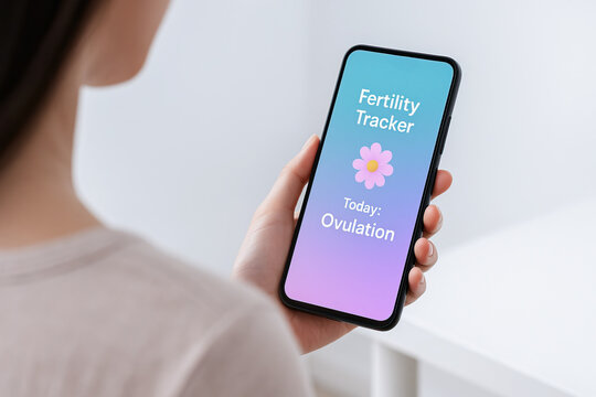 Fertility tracker app on smartphone screen, woman holding device, ovulation day notification, modern technology, health monitoring, pastel colors, digital interface.