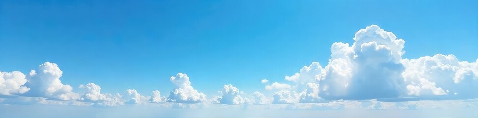 Vast, clear blue sky on a sunny day, fluffy white cumulus clouds scattered across the horizon Perfect for backgrounds or travel imagery , calm, summer