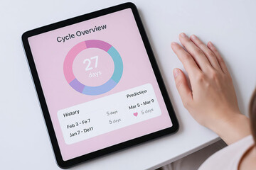 Cycle overview menstrual, calendar period, tracker prediction, digital tablet, pink interface, hand feminine health ovulation fertility.