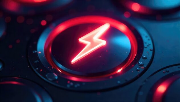 A close-up shot of a lightning bolt-shaped button, glowing intensely with vibrant energy The button appears to be metallic, perhaps part of a futuristic device or interface , switch, bright