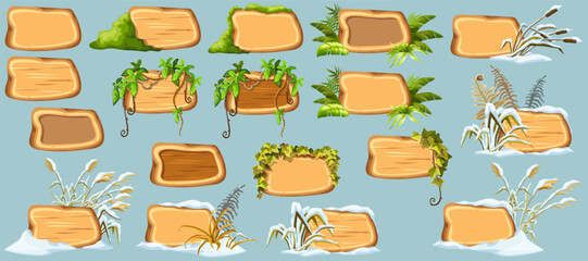 Cartoon game panels with swamp moss, forest lichen, liana branches, jungle leaves, ivy. Marsh reed under snow. Swamp cattails, fern winter. Broken weed and snowdrifts. Vector signboards, frames.
