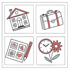 Cute house suitcase planner clock flower illustration